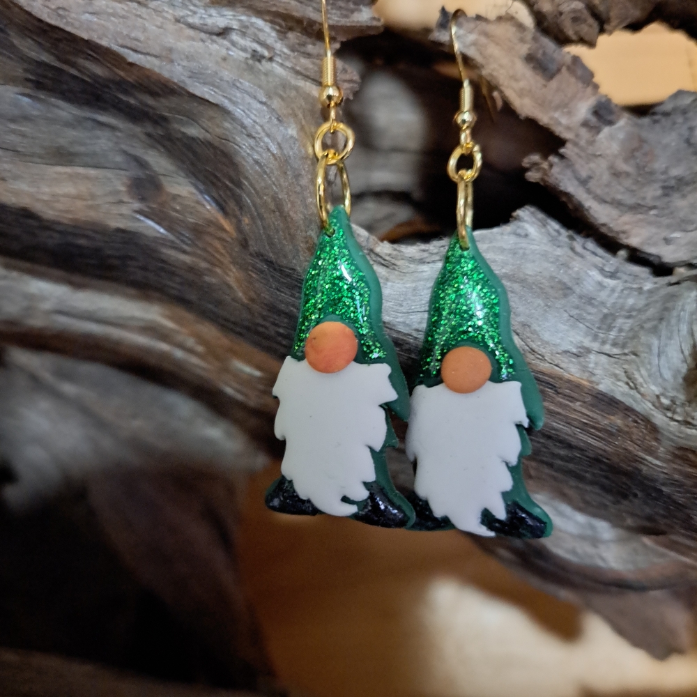 Green and White Gnome Earrings Polymer Clay Light Weight Gold Plated